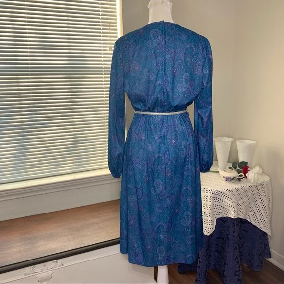 Vintage 70s Three R's Blue Polyester Paisley Dress - Picture 5 of 14